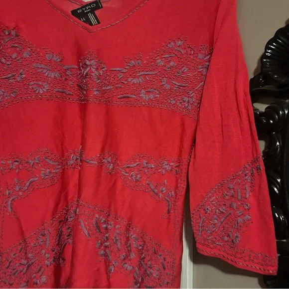Etro Milano Red Embroidered V-Neck Women's Top - Picture 2 of 5